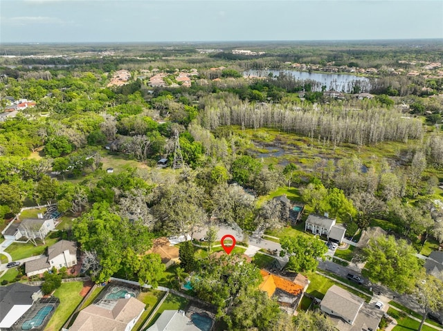 bird's eye view featuring a water view and a wooded view