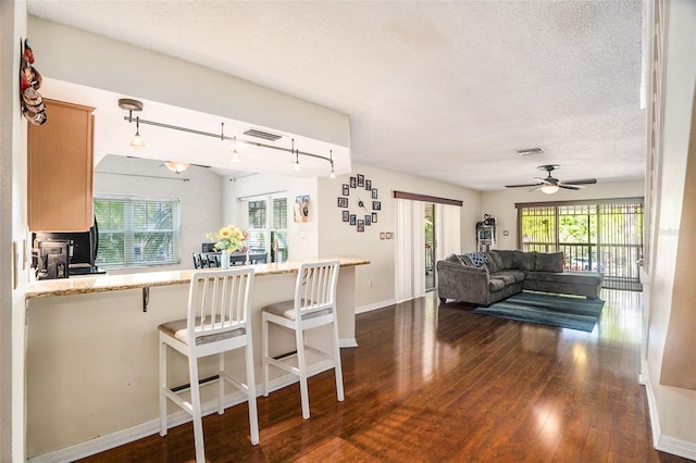 interior space featuring a ceiling fan, light stone counters, baseboards, a peninsula, and dark wood-style floors