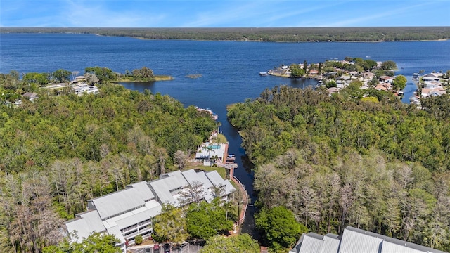 aerial view featuring a wooded view and a water view