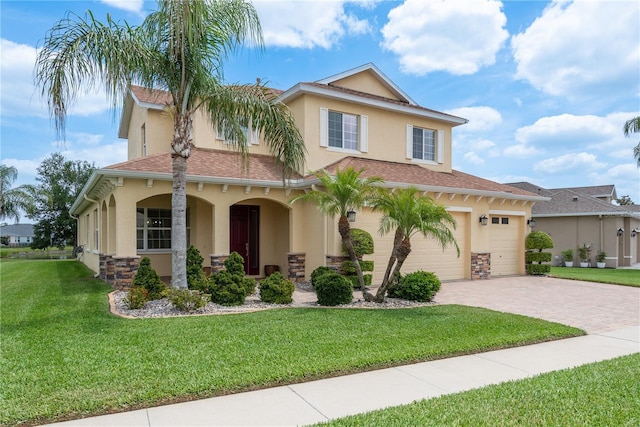 19123 Sunset Bay Dr, Land O Lakes, FL 34638 - mediterranean / spanish-style home with a porch, decorative driveway, a front lawn, stone siding, and stucco siding