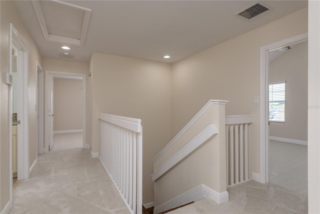19123 Sunset Bay Dr, Land O Lakes, FL 34638 - corridor with visible vents, an upstairs landing, recessed lighting, and carpet