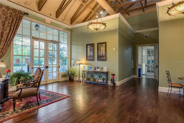 19123 Sunset Bay Dr, Land O Lakes, FL 34638 - living area with high vaulted ceiling, french doors, baseboards, beamed ceiling, and visible vents