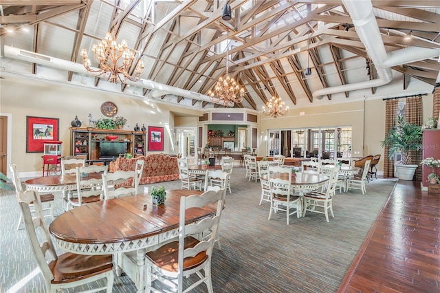 19123 Sunset Bay Dr, Land O Lakes, FL 34638 - dining space featuring an inviting chandelier, high vaulted ceiling, beamed ceiling, and hardwood / wood-style flooring