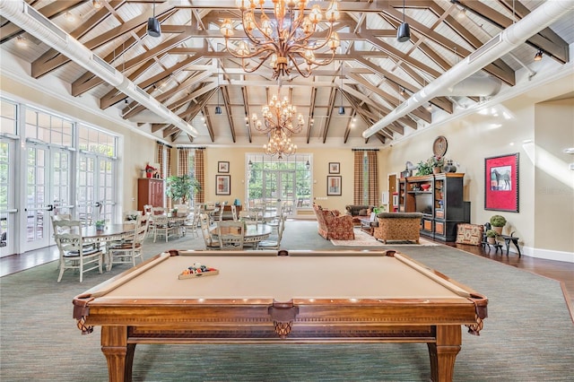 19123 Sunset Bay Dr, Land O Lakes, FL 34638 - rec room featuring an inviting chandelier, pool table, high vaulted ceiling, and beamed ceiling