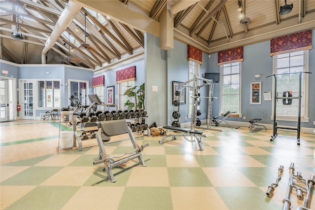 19123 Sunset Bay Dr, Land O Lakes, FL 34638 - gym with high vaulted ceiling, wooden ceiling, and baseboards