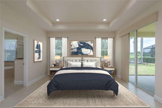 19123 Sunset Bay Dr, Land O Lakes, FL 34638 - bedroom with access to outside, recessed lighting, light tile patterned floors, and a raised ceiling