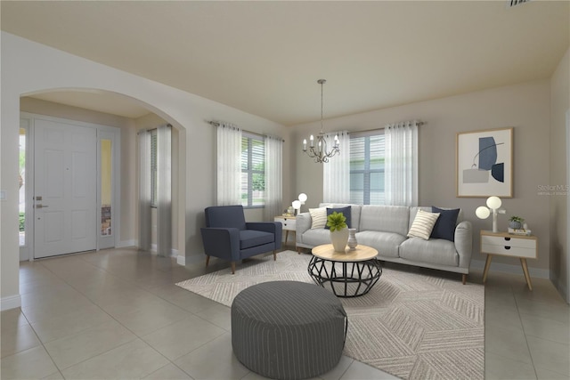 19123 Sunset Bay Dr, Land O Lakes, FL 34638 - living room with an inviting chandelier, light tile patterned floors, baseboards, and arched walkways