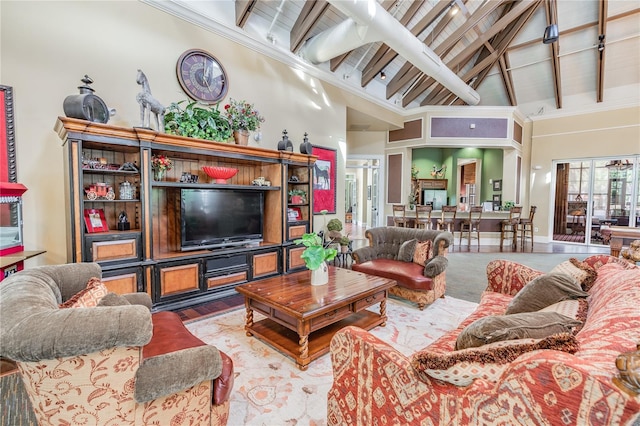 19123 Sunset Bay Dr, Land O Lakes, FL 34638 - living room with high vaulted ceiling and beamed ceiling