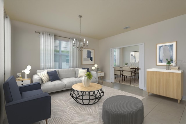 19123 Sunset Bay Dr, Land O Lakes, FL 34638 - living room featuring visible vents, light tile patterned floors, and an inviting chandelier