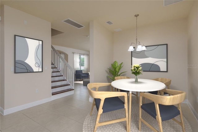 19123 Sunset Bay Dr, Land O Lakes, FL 34638 - dining space with light tile patterned flooring, an inviting chandelier, stairs, baseboards, and visible vents