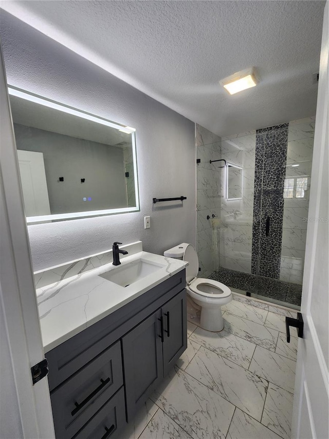 4619 Helena St NE, Saint Petersburg, FL 33703 - bathroom with vanity, a marble finish shower, toilet, a textured ceiling, and marble finish floor