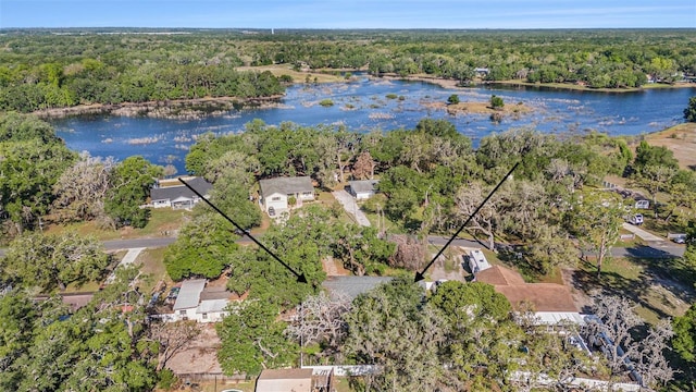 birds eye view of property with a water view and a view of trees