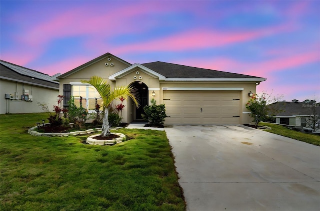 6882 Silverado Ranch Blvd, Zephyrhills, FL 33541 - ranch-style house with a garage, stucco siding, a yard, and concrete driveway