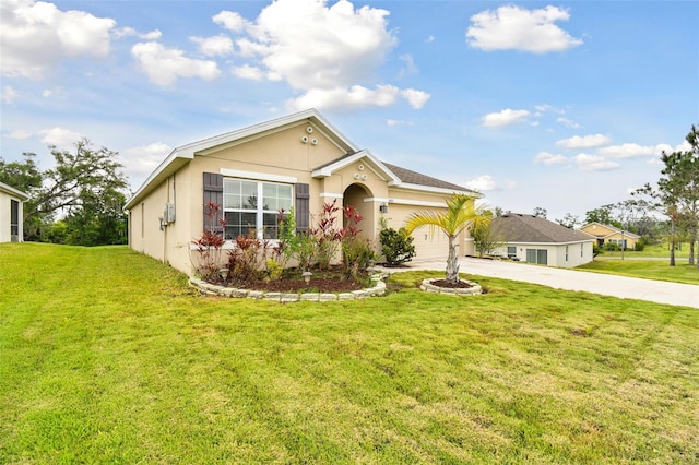 6882 Silverado Ranch Blvd, Zephyrhills, FL 33541 - ranch-style house featuring concrete driveway, a front lawn, stucco siding, and a garage
