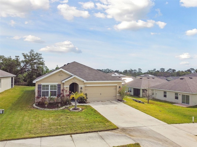 6882 Silverado Ranch Blvd, Zephyrhills, FL 33541 - view of front of house with concrete driveway, an attached garage, stucco siding, and a front yard