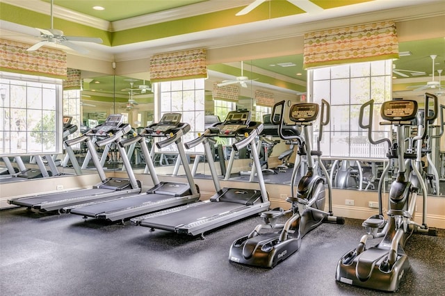 workout area with ornamental molding and ceiling fan