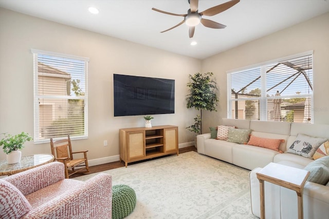 11109 Great Neck Rd, Riverview, FL 33578 - living room featuring a ceiling fan, wood finished floors, and recessed lighting