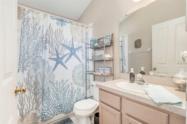 full bath with vanity, vaulted ceiling, toilet, and curtained shower