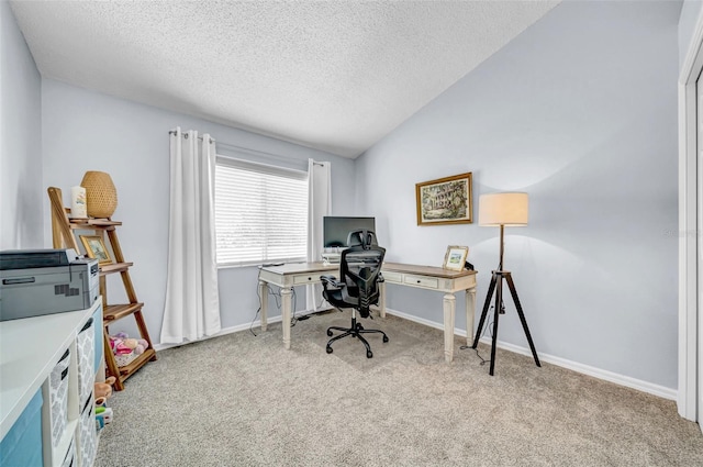 13122 Prestwick Dr, Riverview, FL 33579 - carpeted office with baseboards, a textured ceiling, and vaulted ceiling