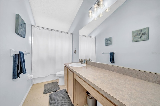 13122 Prestwick Dr, Riverview, FL 33579 - full bathroom featuring toilet, shower / bathtub combination with curtain, vanity, vaulted ceiling, and tile patterned floors