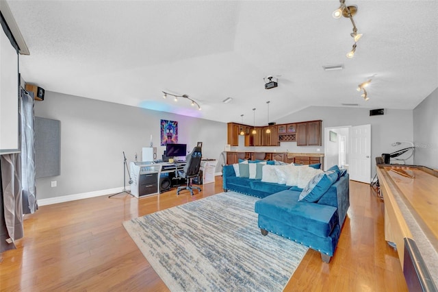 13122 Prestwick Dr, Riverview, FL 33579 - living area with light wood-style flooring, a textured ceiling, vaulted ceiling, and visible vents