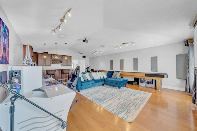 13122 Prestwick Dr, Riverview, FL 33579 - living room with track lighting, light wood-type flooring, vaulted ceiling, and a textured ceiling