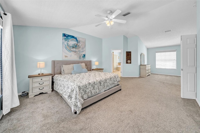13122 Prestwick Dr, Riverview, FL 33579 - carpeted bedroom with lofted ceiling, baseboards, a textured ceiling, visible vents, and ceiling fan