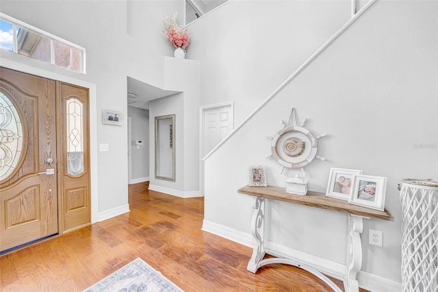 13122 Prestwick Dr, Riverview, FL 33579 - foyer entrance featuring baseboards, a high ceiling, wood finished floors, and a healthy amount of sunlight