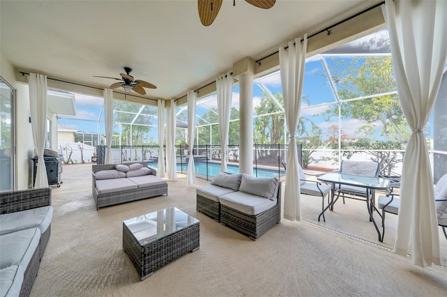 13122 Prestwick Dr, Riverview, FL 33579 - sunroom with a ceiling fan and an outdoor hangout area