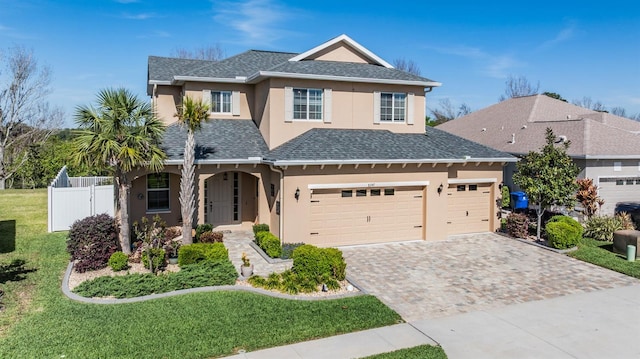traditional-style home featuring a front yard, stucco siding, fence, a shingled roof, and decorative driveway