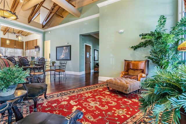 8247 Westhaven Dr, Land O Lakes, FL 34638 - living room with hardwood / wood-style floors, baseboards, high vaulted ceiling, and wood ceiling with exposed beams