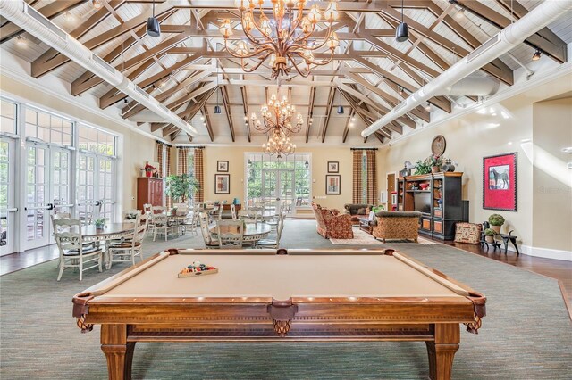 8247 Westhaven Dr, Land O Lakes, FL 34638 - playroom with a chandelier, high vaulted ceiling, pool table, beamed ceiling, and french doors