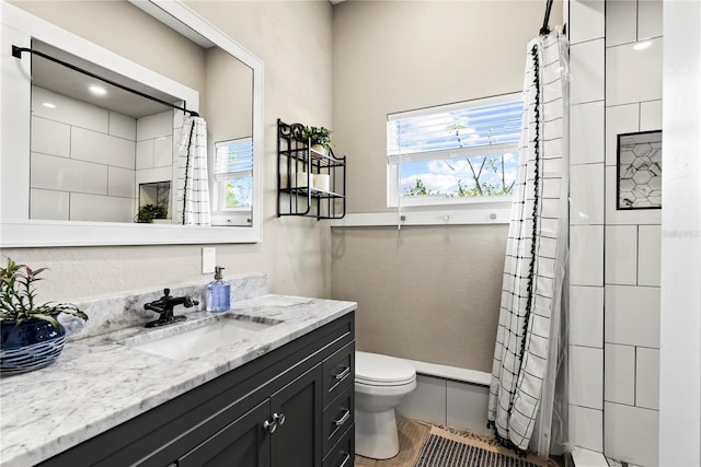 full bath featuring toilet, vanity, and a shower with curtain