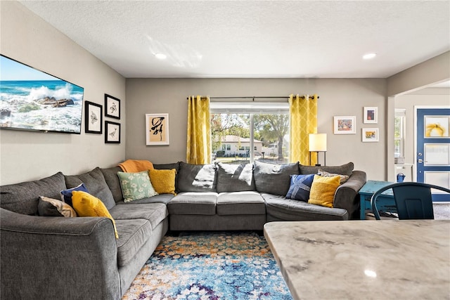 living room with a textured ceiling