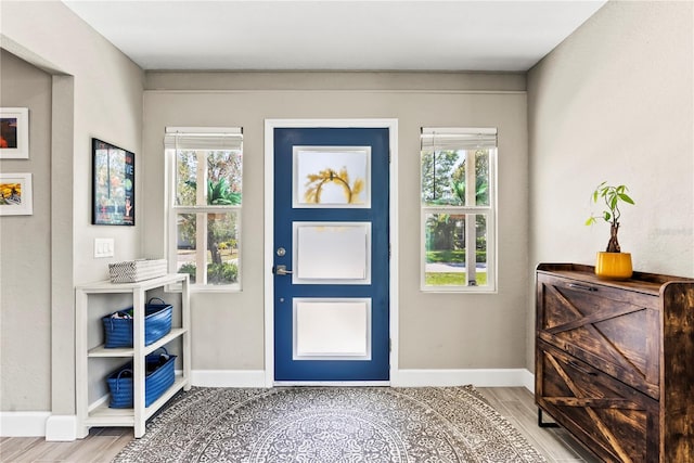 foyer entrance with light wood-style floors, baseboards, and a wealth of natural light