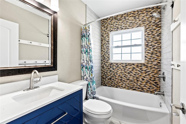 bathroom featuring toilet, shower / tub combo with curtain, vanity, and a textured wall