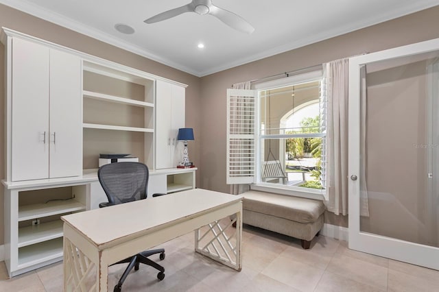 47 Martinique Ave, Tampa, FL 33606 - office with light tile patterned floors, ornamental molding, and a ceiling fan
