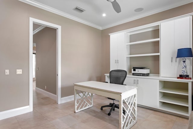 47 Martinique Ave, Tampa, FL 33606 - office area featuring light tile patterned floors, baseboards, visible vents, ceiling fan, and ornamental molding