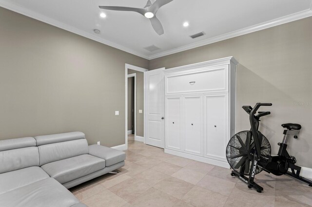 47 Martinique Ave, Tampa, FL 33606 - living room with baseboards, ceiling fan, visible vents, and crown molding