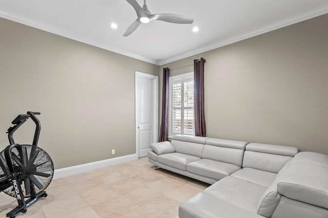 47 Martinique Ave, Tampa, FL 33606 - living area featuring baseboards, ornamental molding, recessed lighting, and ceiling fan