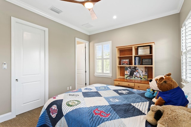 47 Martinique Ave, Tampa, FL 33606 - bedroom with crown molding, carpet, baseboards, visible vents, and a ceiling fan