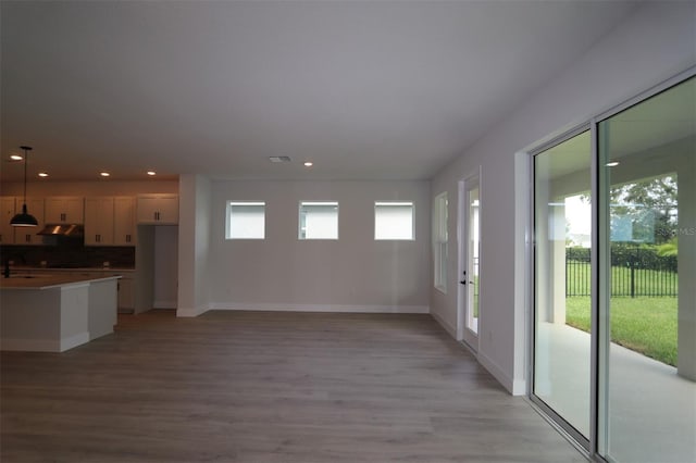 11884 Richmond Trl, Parrish, FL 34219 - kitchen with under cabinet range hood, recessed lighting, light wood-style floors, hanging light fixtures, and white cabinetry