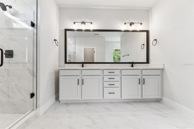 11884 Richmond Trl, Parrish, FL 34219 - bathroom with marble look tiles, double vanity, and a marble finish shower