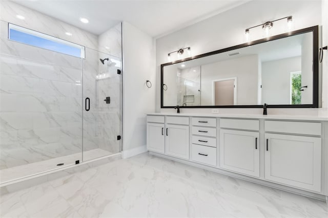 11884 Richmond Trl, Parrish, FL 34219 - bathroom with healthy amount of natural light, a marble finish shower, double vanity, and marble finish flooring