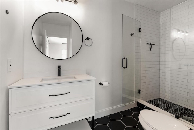 331 Barbara Cir, Belleair, FL 33756 - bathroom with a shower stall, tile patterned flooring, toilet, and vanity