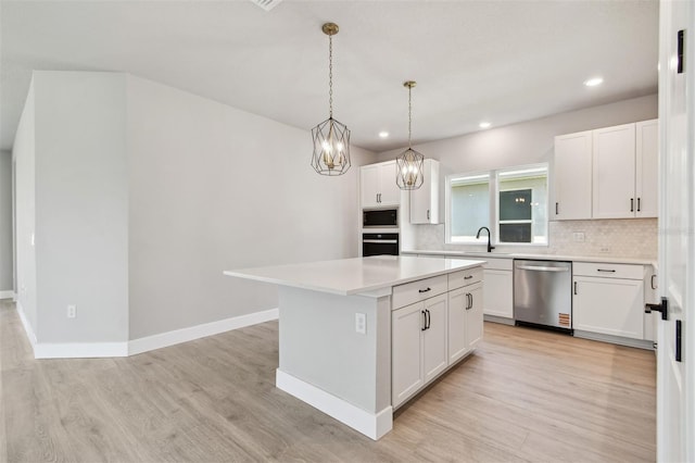 kitchen with built in microwave, stainless steel dishwasher, black oven, light wood-type flooring, and tasteful backsplash