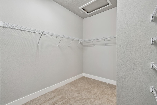 spacious closet with attic access and light carpet