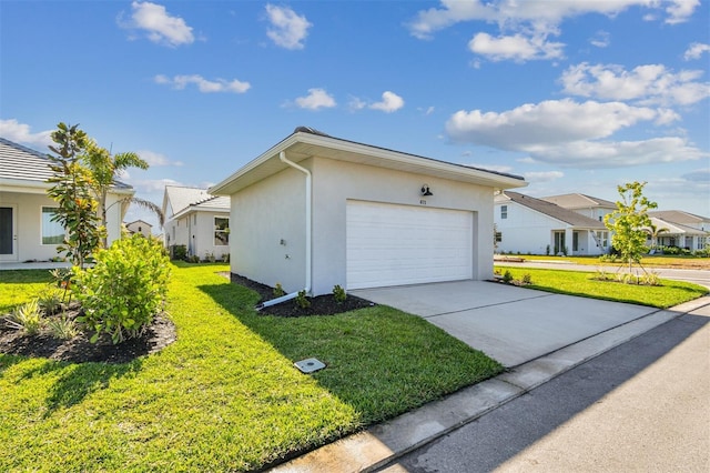 view of property exterior with a residential view, concrete driveway, a garage, a lawn, and stucco siding
