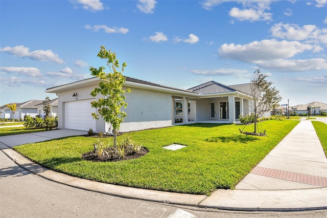 ranch-style house with an attached garage, driveway, a front lawn, and stucco siding