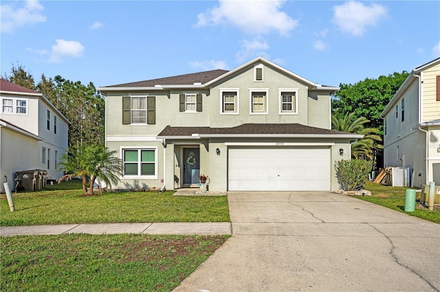 16755 Sunrise Vista Dr, Clermont, FL 34714 - traditional home with a front yard, concrete driveway, stucco siding, and an attached garage